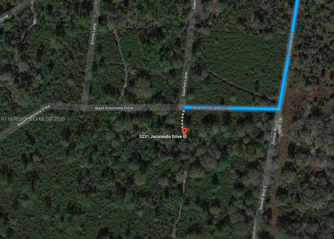 This is a satellite map view showing the location of a property near road intersections — 5231 JACARANDA, Punta Gorda FL 33982, PUNTA GORDA, FL