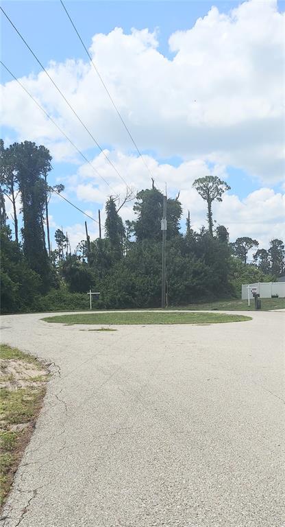 A paved cul-de-sac features a central grassy island surrounded by trees and power lines — GOURMET ROAD, NORTH PORT, FL