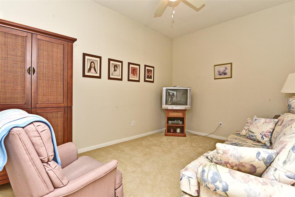 A carpeted living room features a floral sofa, a pink armchair, and a television stand — 3132 RIVER BRANCH CIRCLE, KISSIMMEE, FL