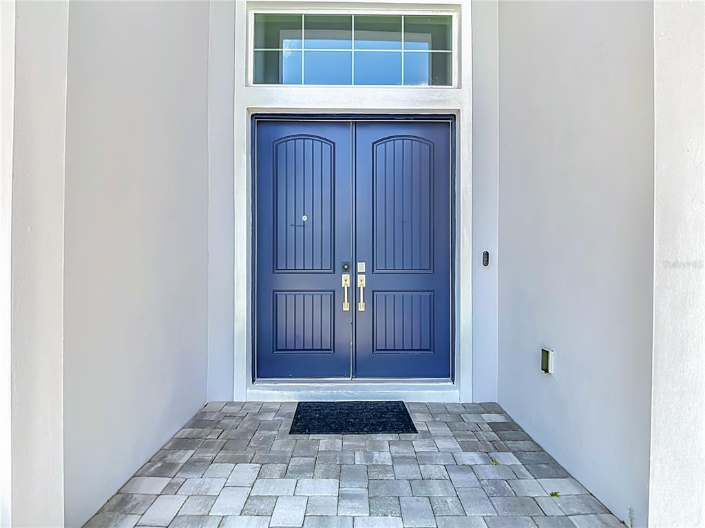 A blue double front door with a transom window sits on a paved entryway — 8891 DRUMMER PLANK DRIVE, WESLEY CHAPEL, FL