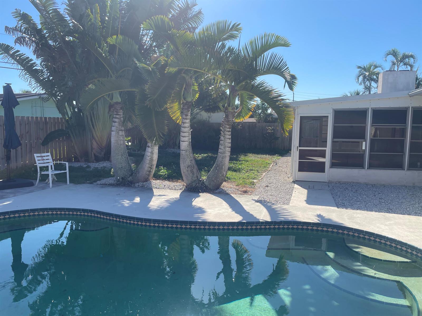 A backyard features a swimming pool, palm trees, a white chair, and a screened-in patio — 104 Jupiter Court, Indialantic FL 32903, INDIALANTIC, FL