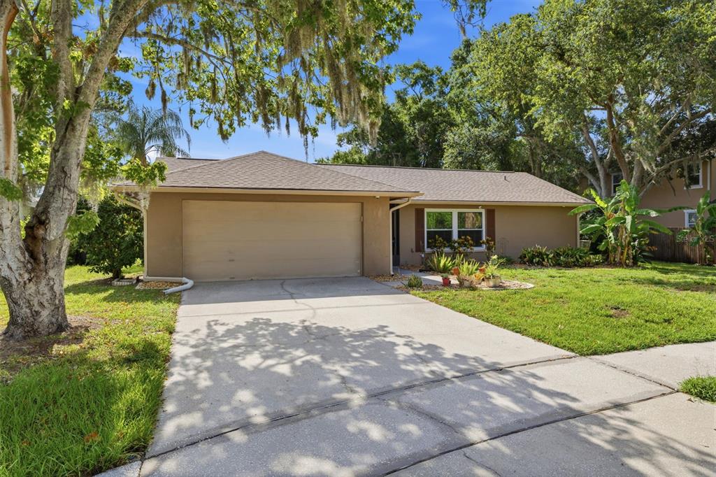 A single-story house with a beige exterior, a two-car garage, and a concrete driveway — 14801 PERRIWINKLE PLACE, TAMPA, FL