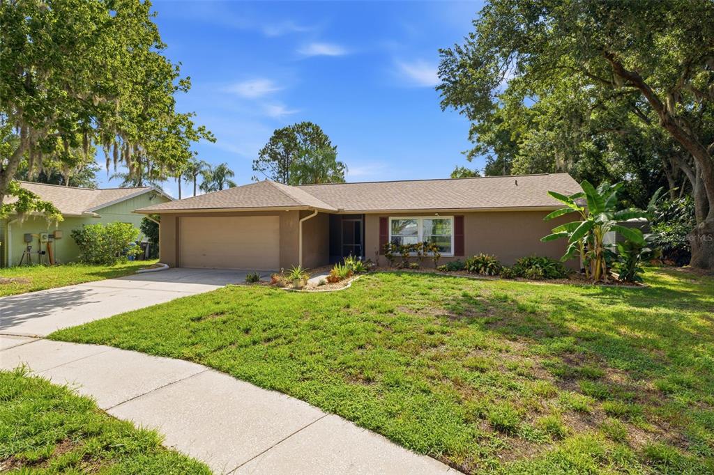A single-story house with a brown exterior, a two-car garage, and a front lawn — 14801 PERRIWINKLE PLACE, TAMPA, FL