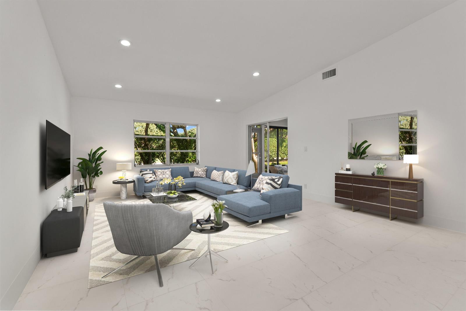 This is a digital rendering of a modern living room with a blue sectional sofa — 8273 Springtree Road, Boca Raton FL 33496, BOCA RATON, FL