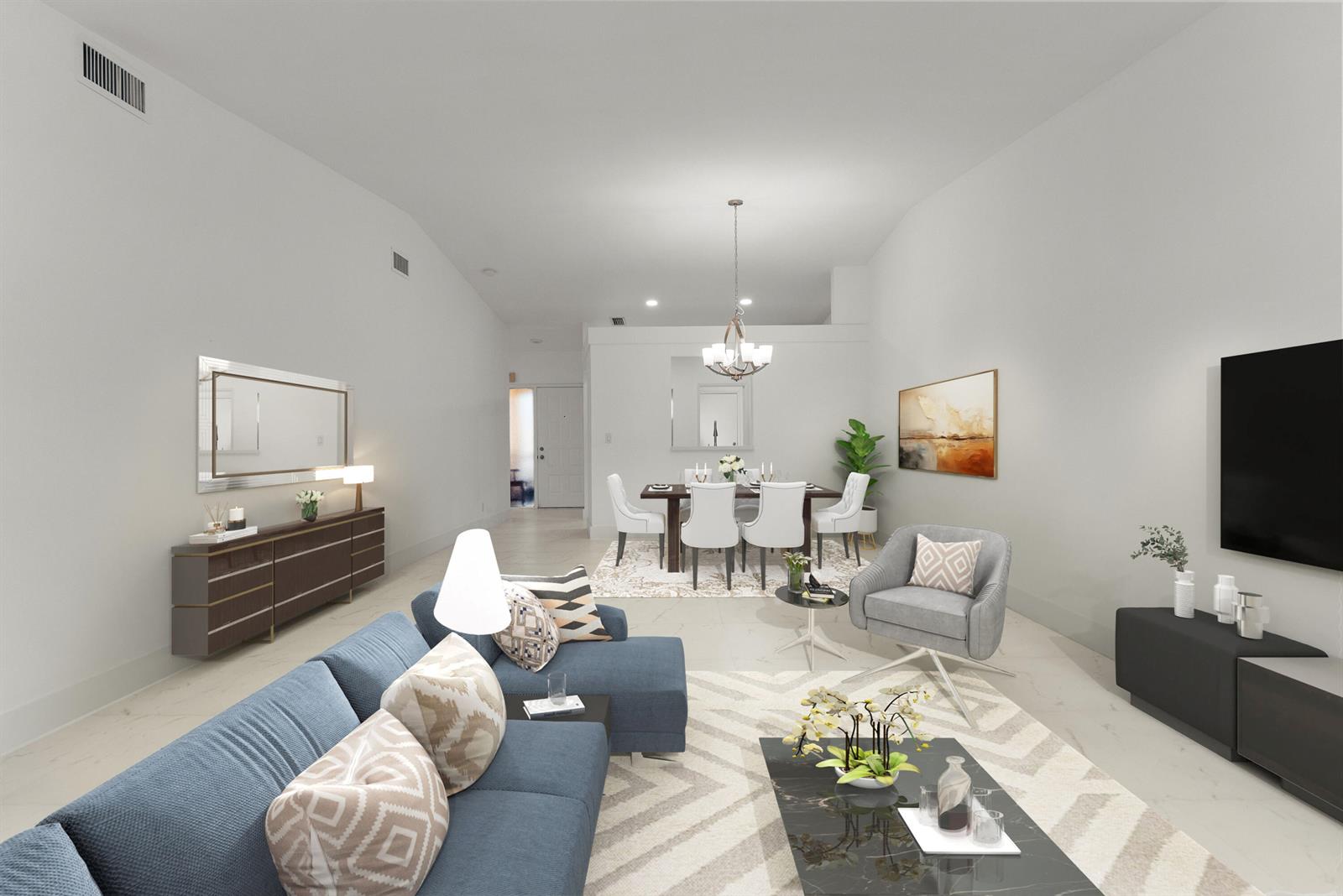 A living and dining room with white walls, tile floors, and modern furniture — 8273 Springtree Road, Boca Raton FL 33496, BOCA RATON, FL