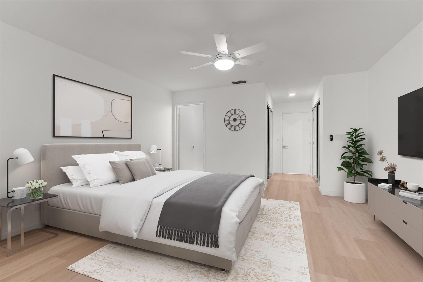 This is a digital rendering of a modern bedroom with a bed, television, and ceiling fan — 8273 Springtree Road, Boca Raton FL 33496, BOCA RATON, FL