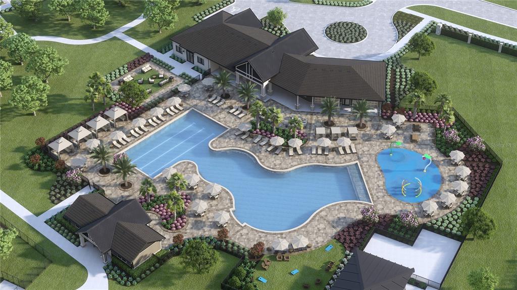 This is a rendering of a community clubhouse featuring a large swimming pool and patio — 883 SHUMARD WAY, LADY LAKE, FL