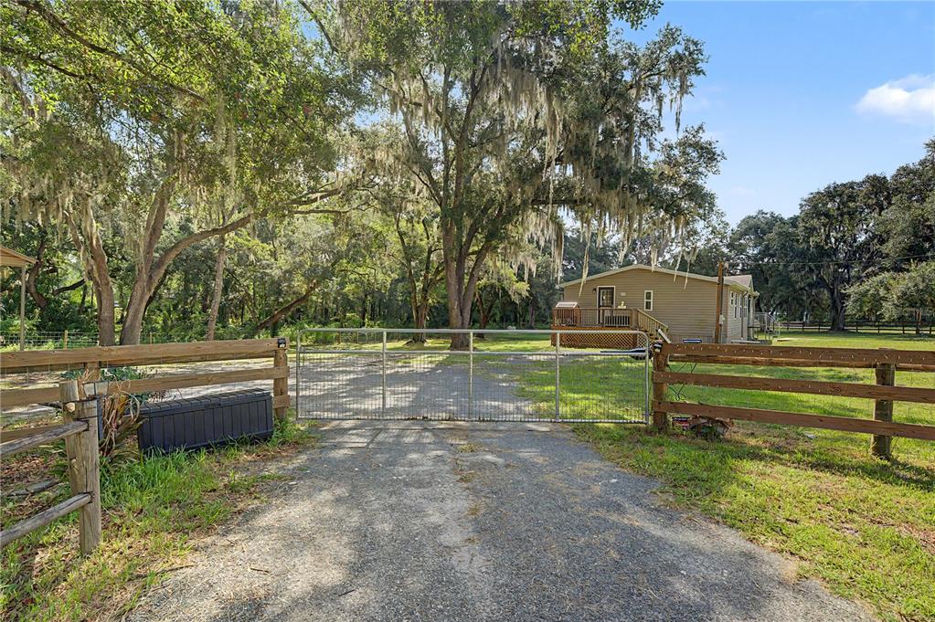A gravel driveway leads to a metal gate in front of a house with trees — 3935 EWELL ROAD, LAKELAND, FL