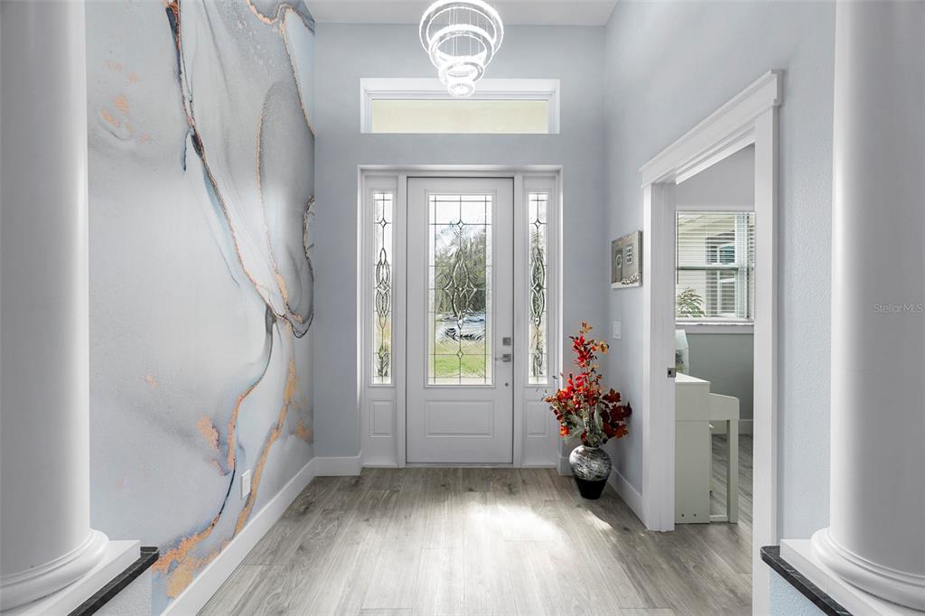 An entryway features a marble-patterned accent wall, light wood flooring, and a glass-paneled front door — 3038 VELVET LANE, NORTH PORT, FL