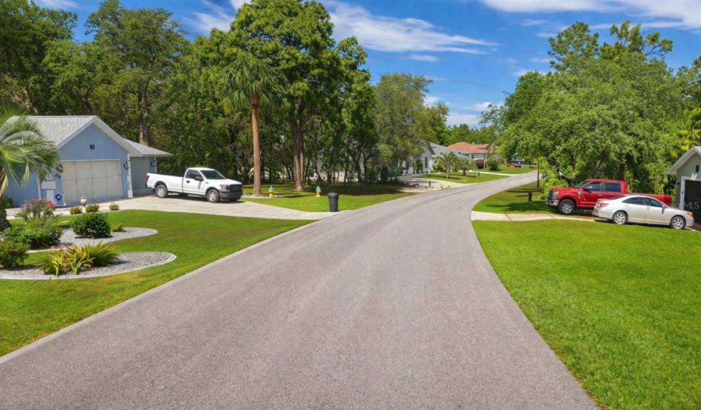 A suburban street features houses with driveways, parked vehicles, and surrounding trees under a blue sky — 17 SPECEBERRY CIRCLE, HOMOSASSA, FL