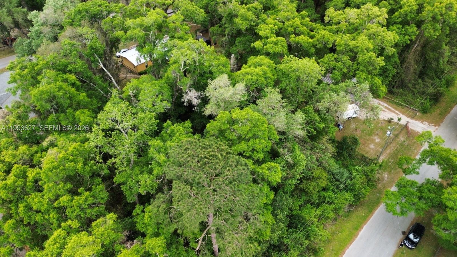 An aerial view shows a wooded lot with a house and a parked vehicle — NW 114 ct, Ocala FL 34421, OCALA, FL