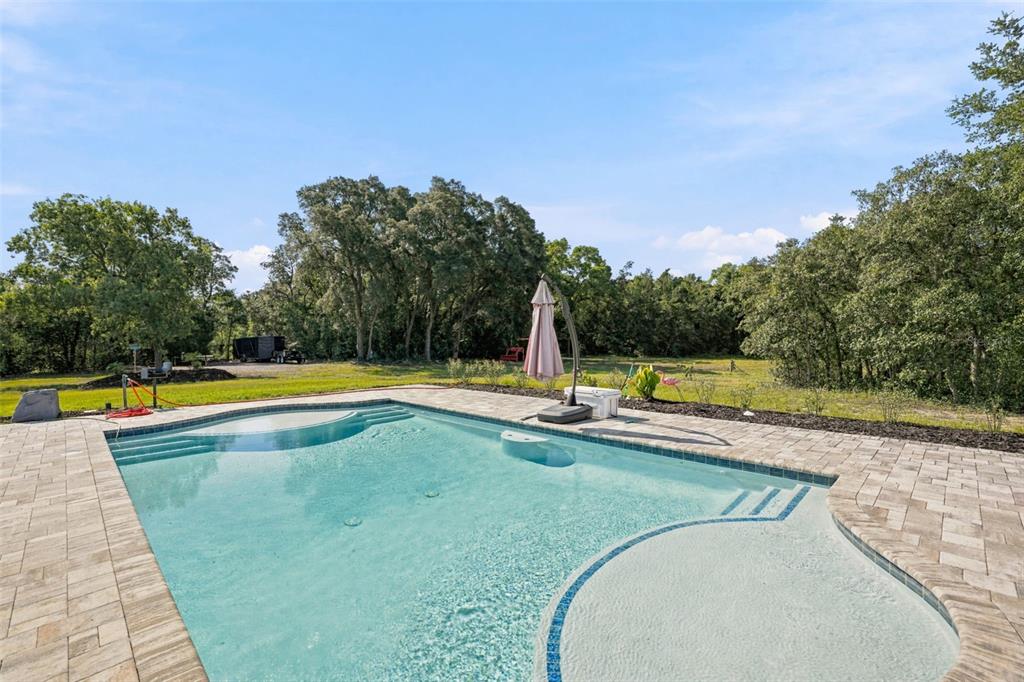A rectangular swimming pool with a tanning ledge and paver deck sits in a backyard — 10030 ORCHARD WAY, SPRING HILL, FL