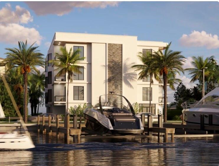 This is a digital rendering of a modern multi-story building with balconies overlooking a boat dock — 16 GULF BOULEVARD UNIT 301, INDIAN ROCKS BEACH, FL