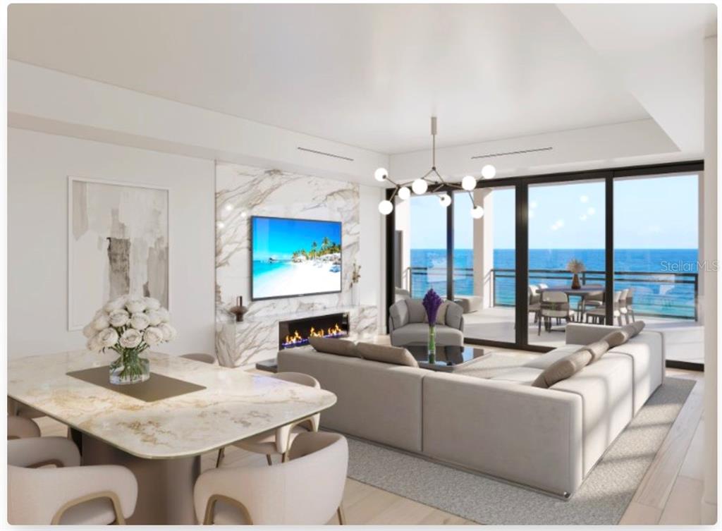 This rendering shows a modern living and dining area with marble accents and ocean views — 16 GULF BOULEVARD UNIT 301, INDIAN ROCKS BEACH, FL