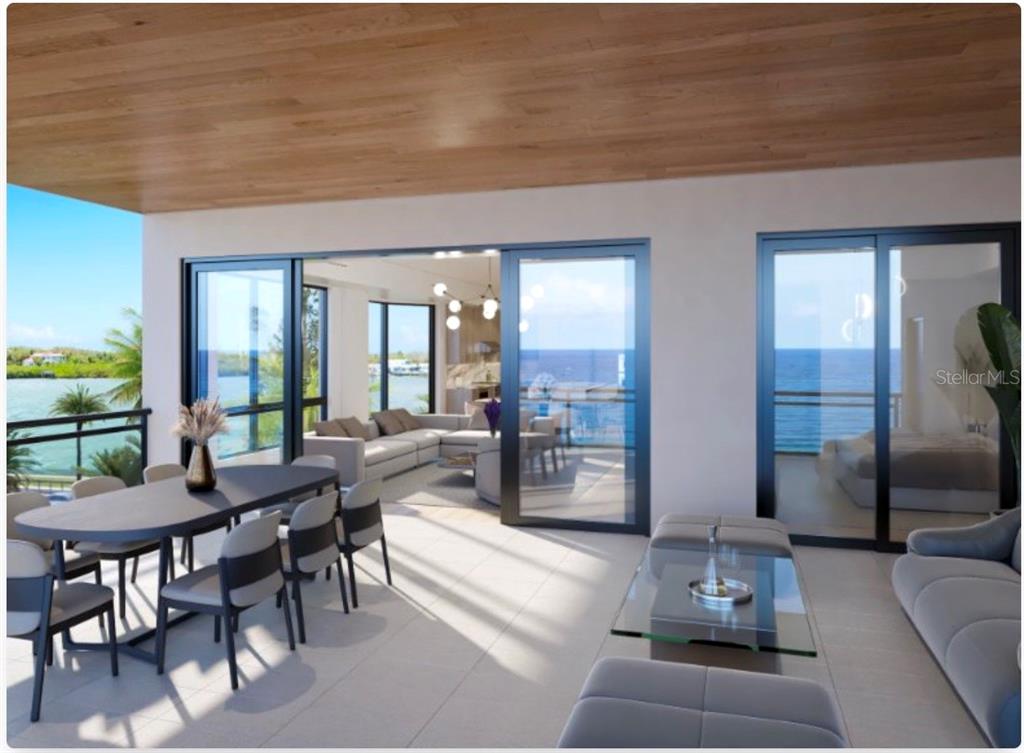 This rendering shows an open-concept living and dining area with floor-to-ceiling glass ocean views — 16 GULF BOULEVARD UNIT 301, INDIAN ROCKS BEACH, FL