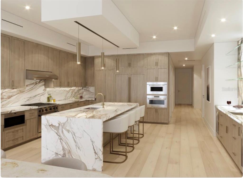 This rendering shows a modern kitchen with light wood cabinetry, marble countertops, and an island — 16 GULF BOULEVARD UNIT 301, INDIAN ROCKS BEACH, FL