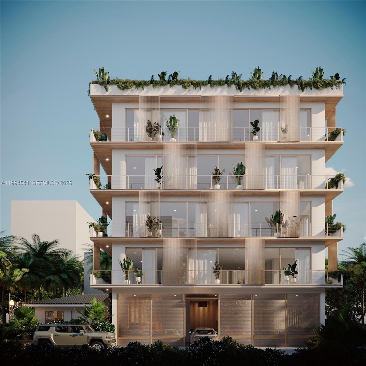 This is a rendering of a modern four-story residential building with balconies and rooftop greenery — 829 4th St # 5, Miami Beach FL 33139, MIAMI BEACH, FL