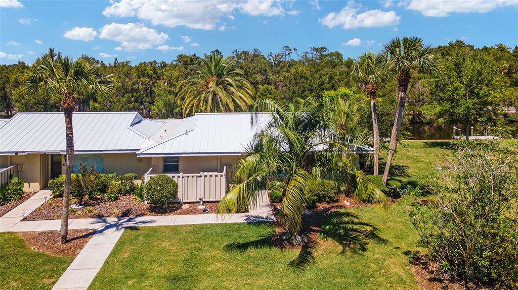 An exterior view of a single-story home with a metal roof and palm trees — 11364 W BAYSHORE DRIVE, CRYSTAL RIVER, FL