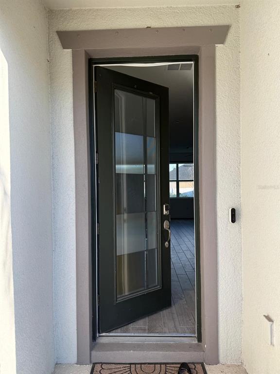 A dark front door with glass panels stands open, revealing a tiled interior entryway — 772 PARSONS MOORING COURT, SEFFNER, FL