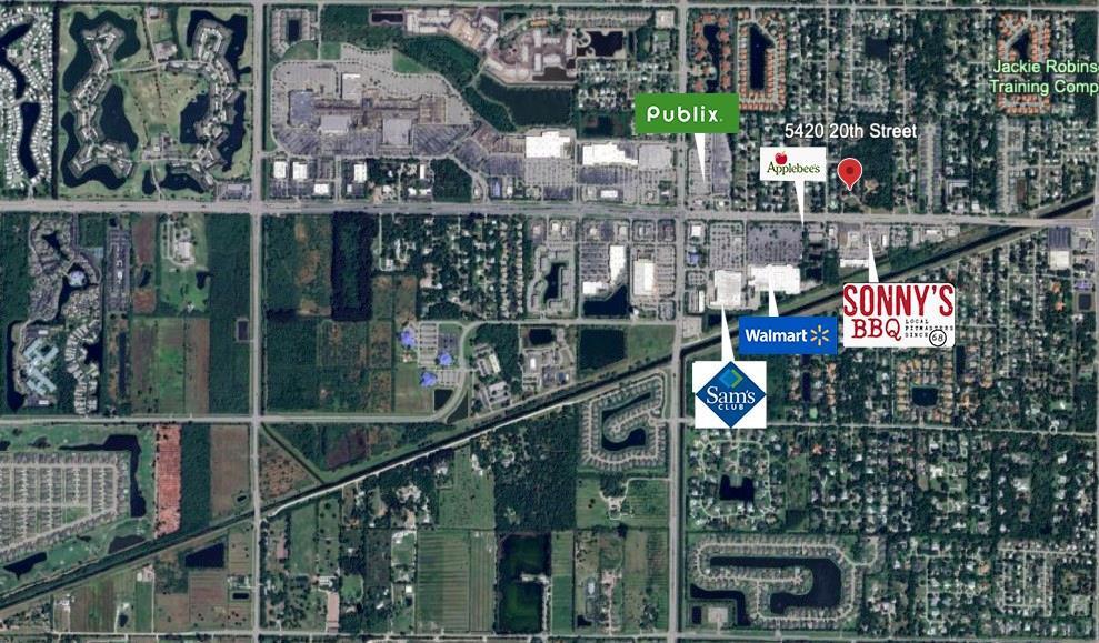 This is an aerial map showing commercial businesses and surrounding residential areas — 5240 20th Street, Vero Beach FL 32966, VERO BEACH, FL