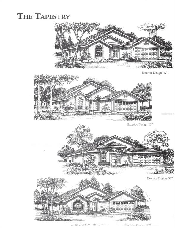 This rendering shows four different exterior design options for a house model named The Tapestry — 418 HENDERSON AVENUE, SEFFNER, FL