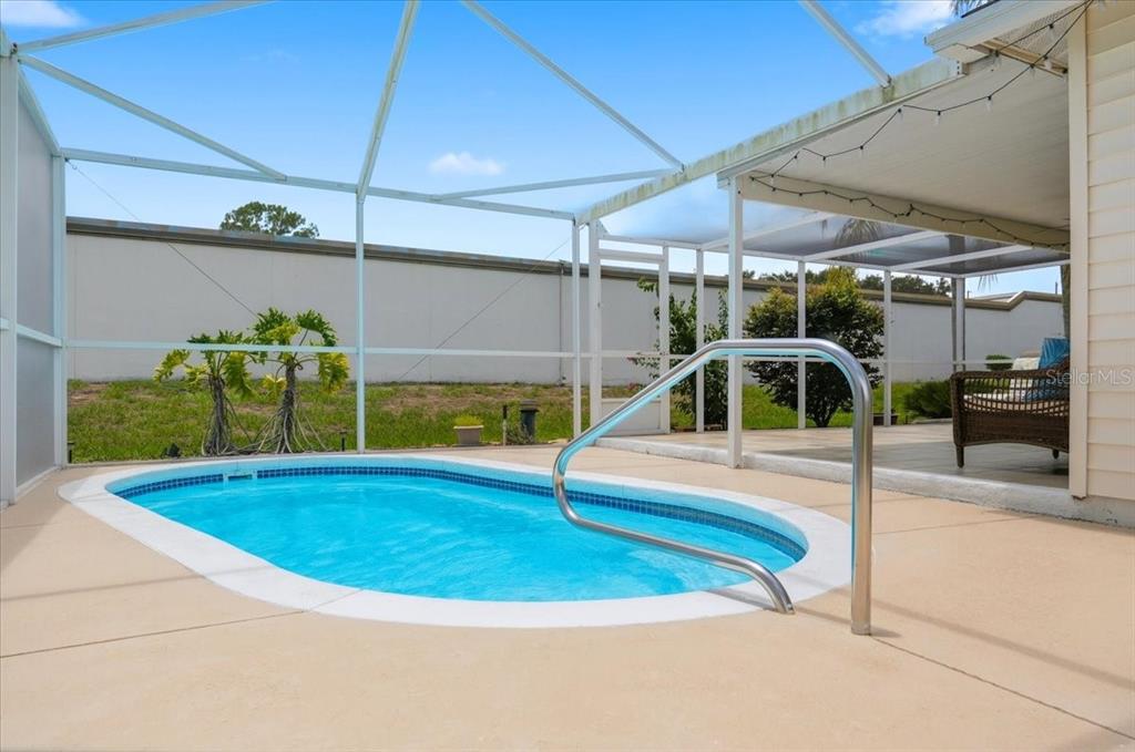 A screened-in patio features a small swimming pool with a metal handrail — 1001 CANARY CIRCLE S, LAKELAND, FL