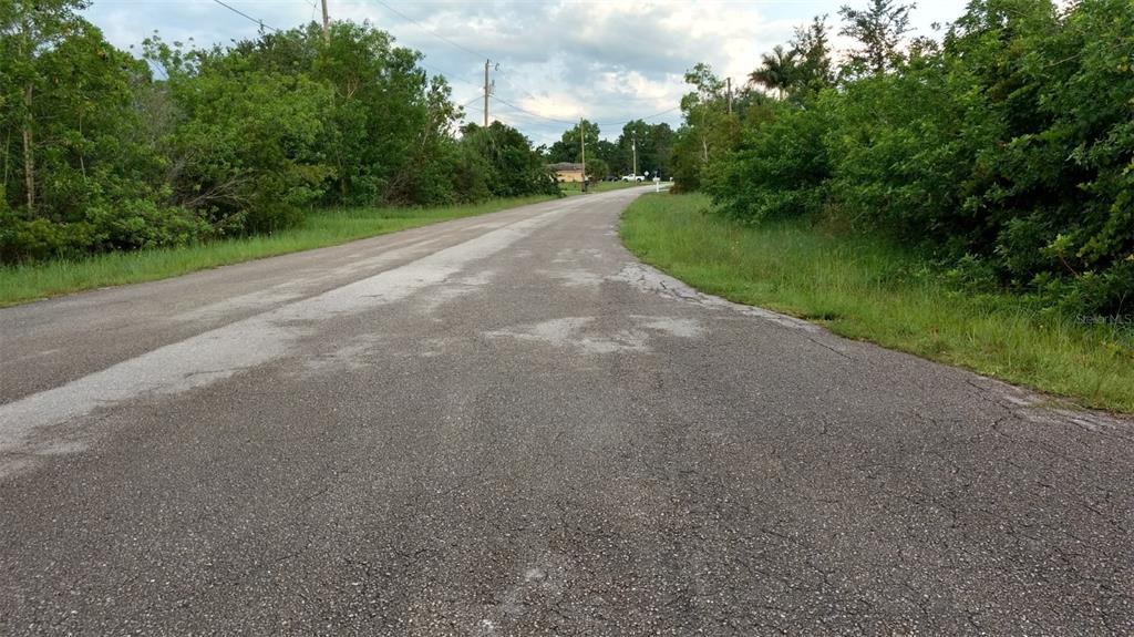 A paved road stretches forward between dense green trees and grassy shoulders under a cloudy sky — 670 MIRROR LAKES COURT, LEHIGH ACRES, FL