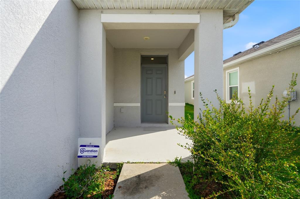 A gray front door is recessed under a covered porch with a security sign nearby — 32745 PEZ LANDING LANE, WESLEY CHAPEL, FL