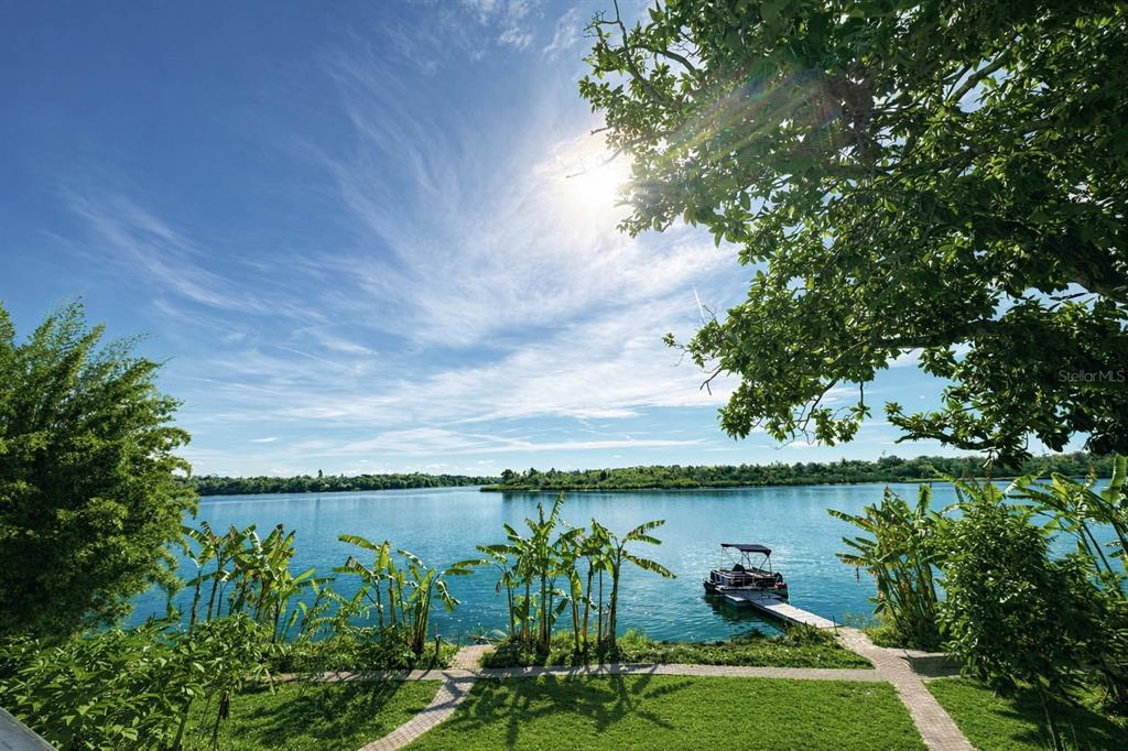 A view of a lake with a boat dock, palm trees, and a grassy lawn — 3203 E YUKON STREET, TAMPA, FL