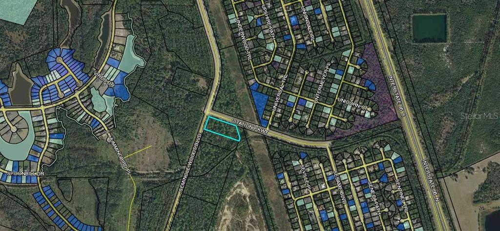 This is a map showing a vacant lot outlined in blue near a highway intersection — SEMINOLE WOODS BLVD, PALM COAST, FL
