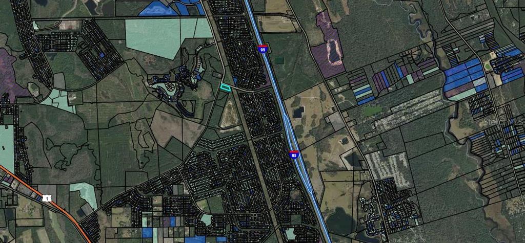 This is an aerial map showing a highlighted parcel of land near a highway — SEMINOLE WOODS BLVD, PALM COAST, FL