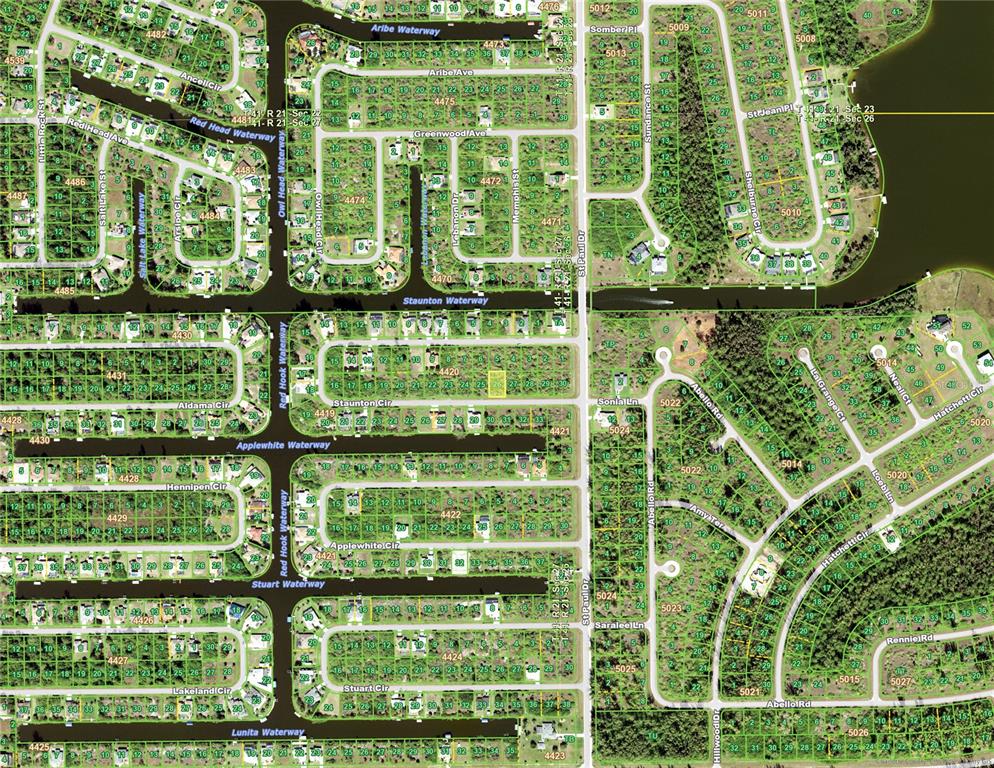 This is a map showing residential lots and waterways in a suburban neighborhood — 15771 STAUNTON CIRCLE, PORT CHARLOTTE, FL
