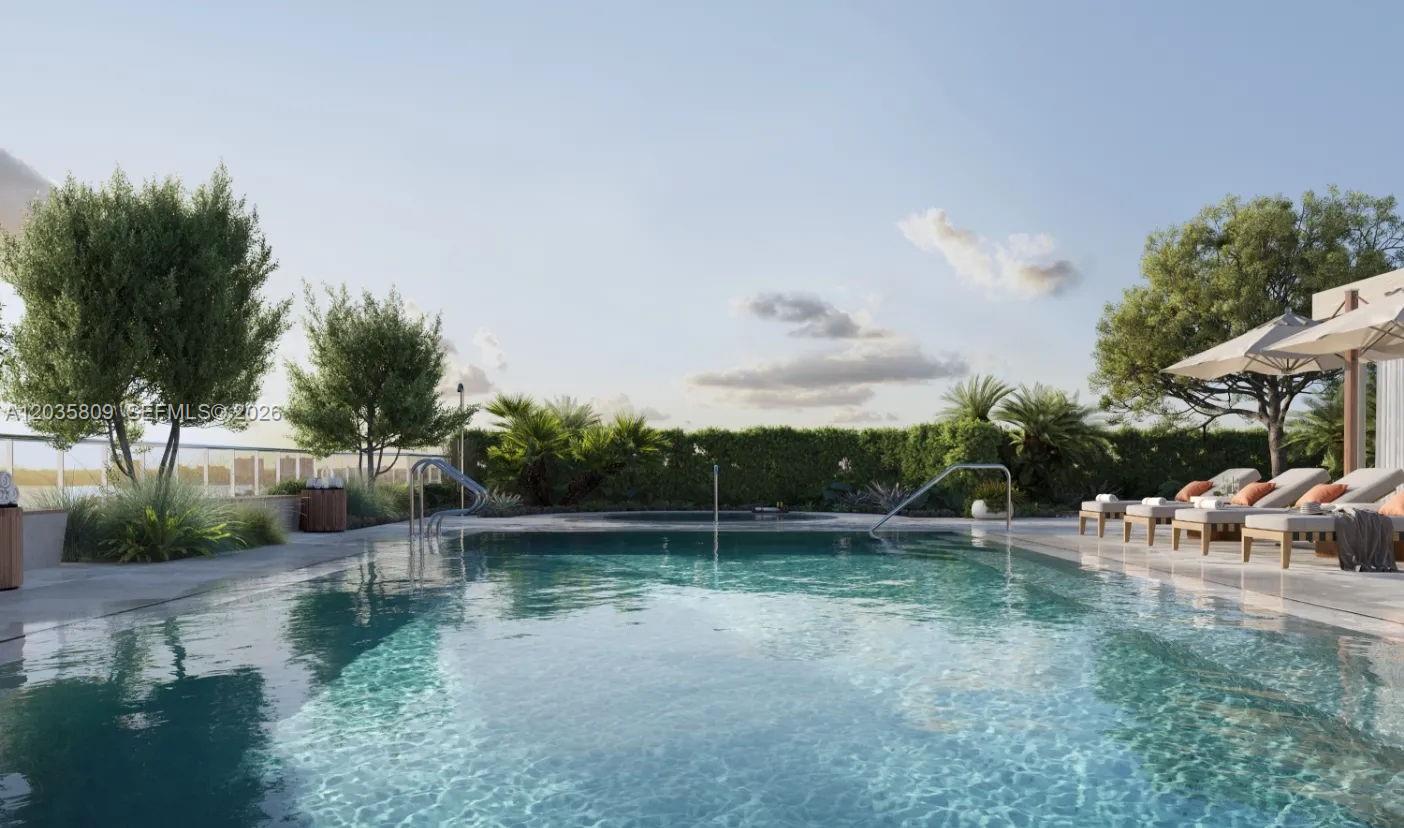 This rendering shows an outdoor swimming pool with lounge chairs and landscaping — 1176 97th st # 707, Bay Harbor Islands FL 33154, BAY HARBOR ISLANDS, FL