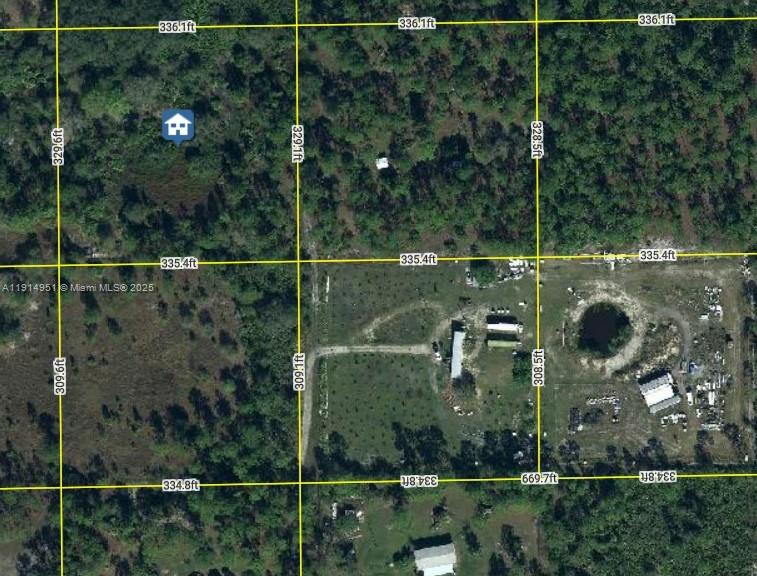 This is an aerial map showing a large, wooded plot of land with a small structure — 5375 PIONEER 20TH ST, Clewiston FL 33440, CLEWISTON, FL