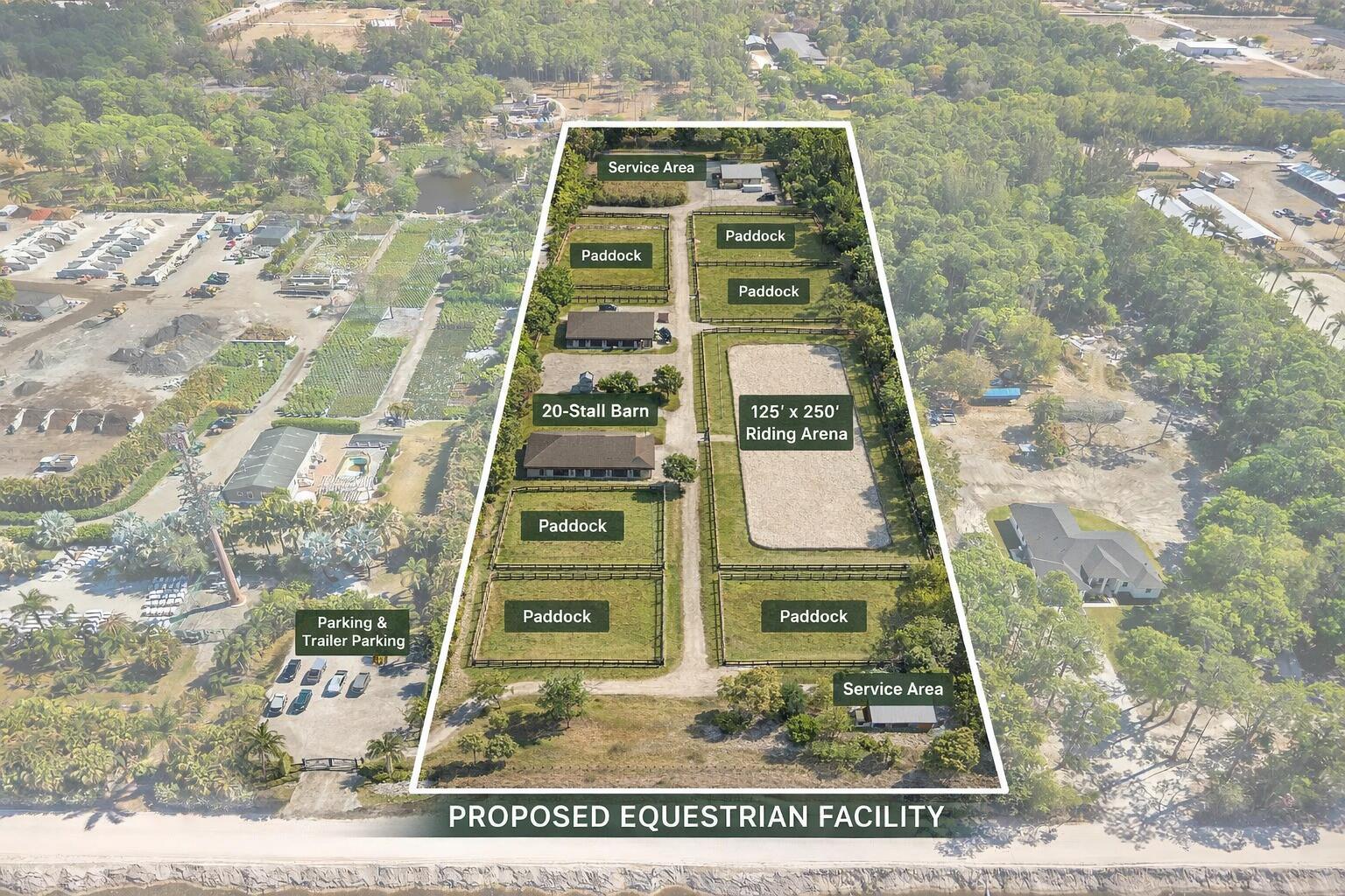 An aerial rendering of a proposed equestrian facility featuring a riding arena, barns, and paddocks — 1814 A Road, FL 33470, FL