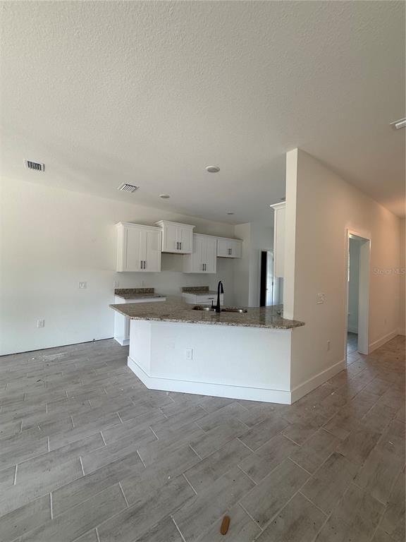 A kitchen features white cabinets, granite countertops, and light-colored wood-look tile flooring — 453 SAN AMBROSIO STREET, PUNTA GORDA, FL