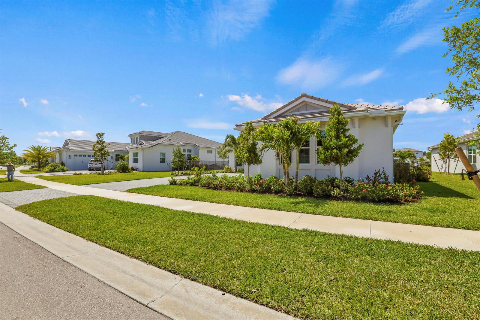 A street view of modern single-story houses with paved driveways and manicured lawns under a blue sky — 14823 Wildwood Circle, Westlake FL 33470, WESTLAKE, FL