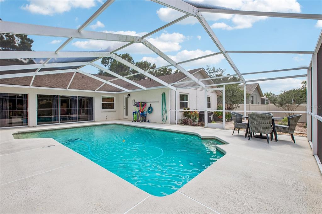 A screened-in swimming pool patio features a concrete deck and outdoor dining furniture — 3949 APPLETREE DRIVE, VALRICO, FL
