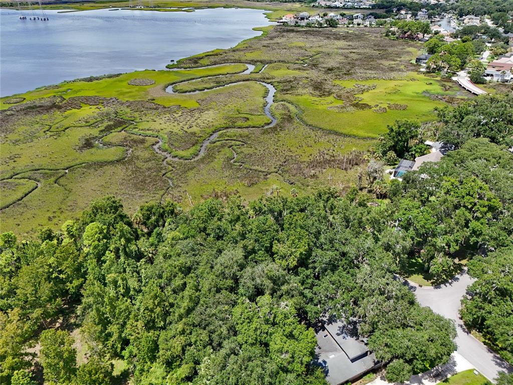 An aerial view shows a house nestled in trees next to a winding salt marsh — OAK LANDINGS DRIVE, JACKSONVILLE, FL