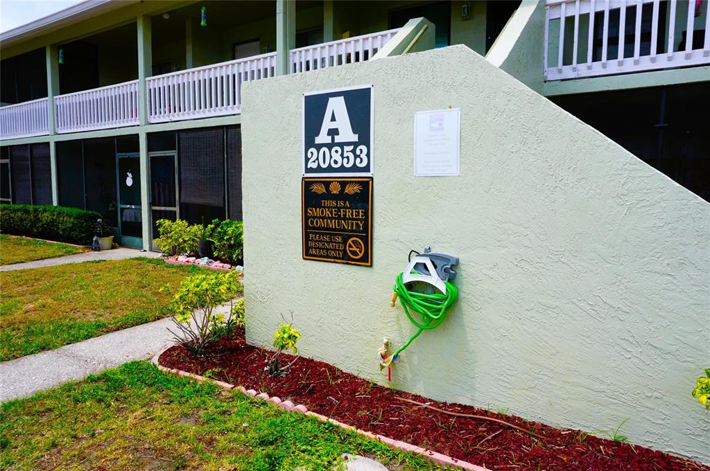 A green exterior wall features a building identification sign, a smoke-free notice, and a hose — 20853 HAULOVER COVE UNIT A12, LUTZ, FL