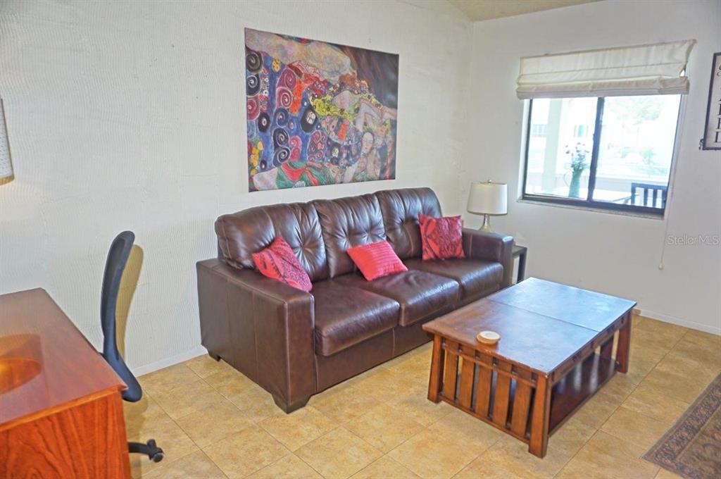 A living room features a brown leather sofa, a wooden coffee table, and tiled floors — 20853 HAULOVER COVE UNIT A12, LUTZ, FL