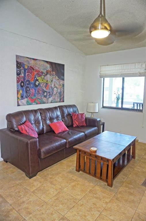 A living room features a brown leather sofa, a wooden coffee table, and tiled floors — 20853 HAULOVER COVE UNIT A12, LUTZ, FL