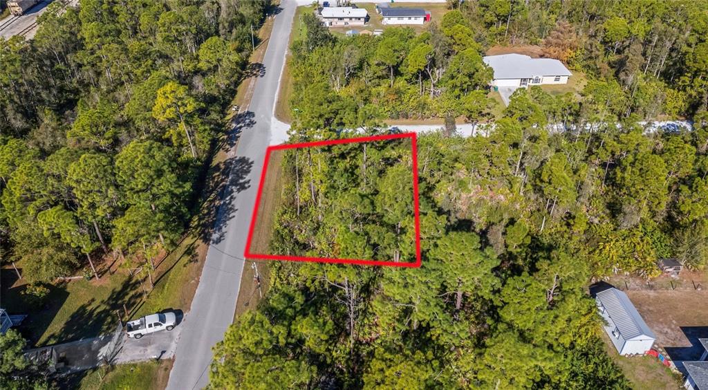 An aerial view shows a rectangular, wooded vacant lot outlined in red beside a paved road — 12198 BUENOS COURT, PUNTA GORDA, FL