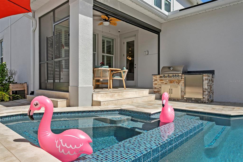 A patio with a pool, two flamingo floats, and an outdoor kitchen area — 2702 W CASS STREET, TAMPA, FL