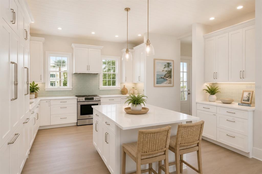 A bright white kitchen features a central island with bar stools and light wood flooring — 16526 CUP COURT, PORT CHARLOTTE, FL