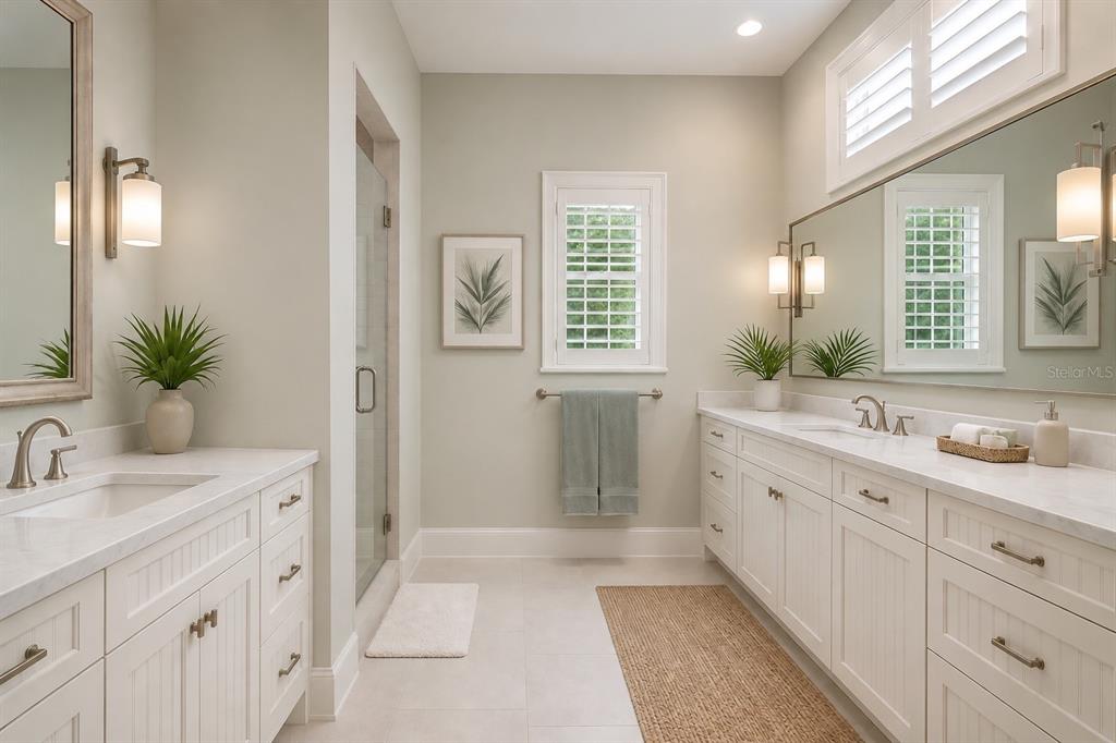 A bright bathroom features dual white vanities, marble countertops, a glass shower, and plantation shutters — 16526 CUP COURT, PORT CHARLOTTE, FL