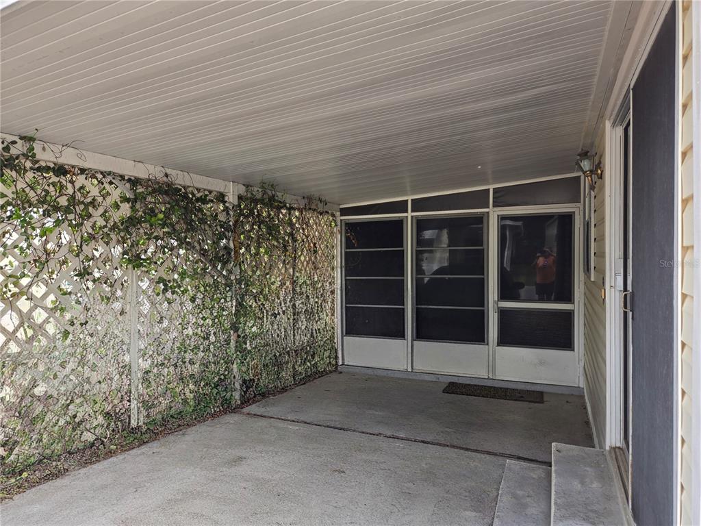 A covered concrete carport features a lattice wall with climbing vines and a screened entrance — 39326 RECESS DRIVE, ZEPHYRHILLS, FL