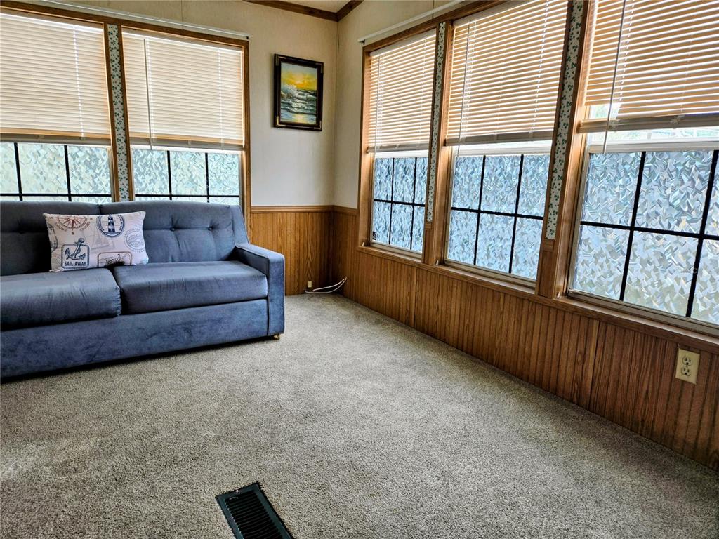 A living room features a blue sofa, wood-paneled walls, carpeted floors, and large windows — 39326 RECESS DRIVE, ZEPHYRHILLS, FL
