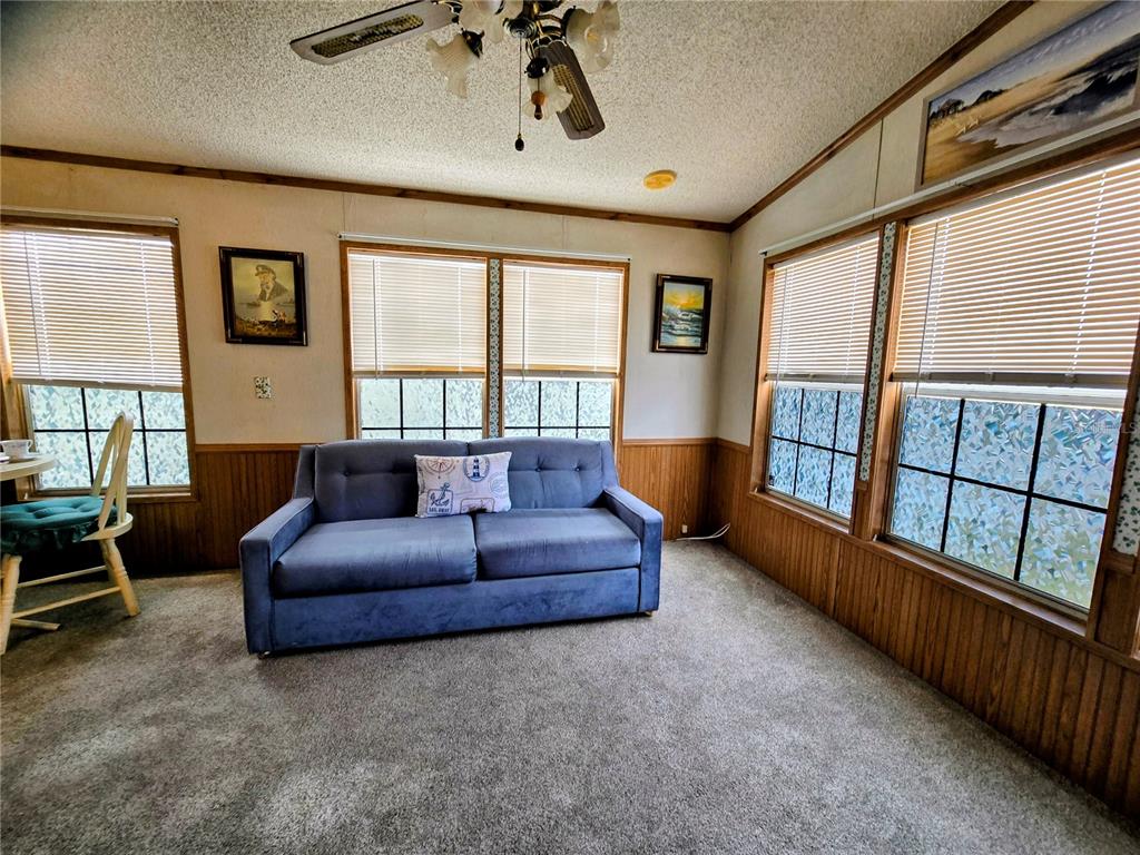 A living room features a blue sofa, gray carpeting, wood paneling, and multiple windows — 39326 RECESS DRIVE, ZEPHYRHILLS, FL