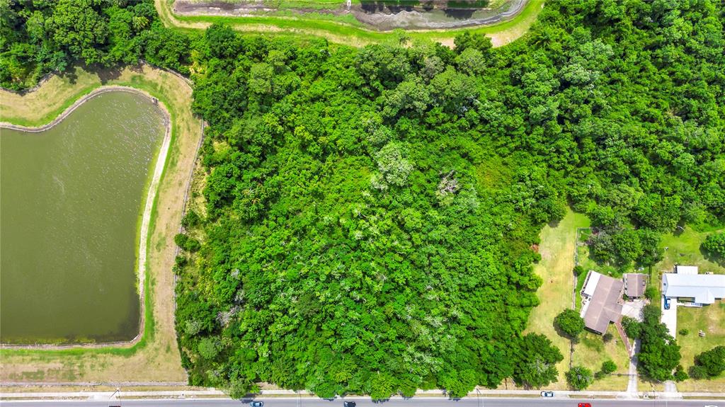 An aerial view shows a dense, wooded lot situated next to a pond and houses — XXXX N HIAWASSEE ROAD, APOPKA, FL